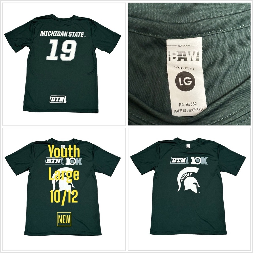 Michigan State #19 Kids Youth Large Short Sleeve T-Shirt Top Green White BTN